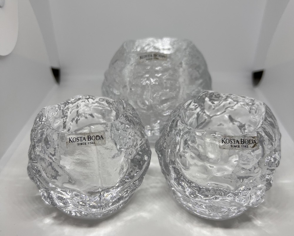 Orrefors Kosta Boda Swedish Crystal Snowball Votive Candle Holders, Set of 3