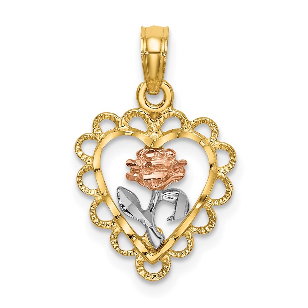 14k Two-tone Gold White Rhodium Heart with Rose & Lace Trim Charm Pendant 1.1gm