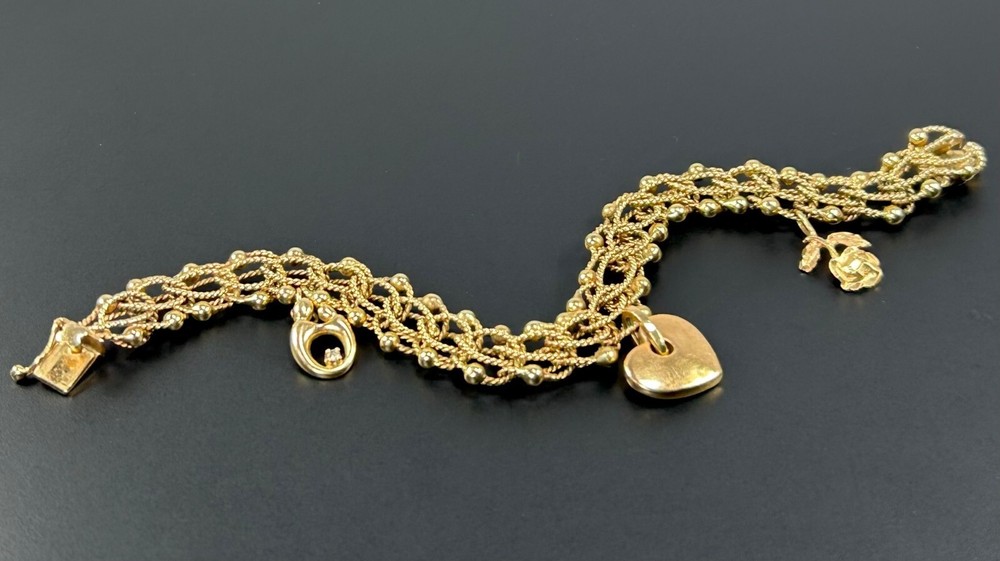 14K Yellow Gold 8” Charm Bracelet – Heavy 29g Fancy Rope Link with Heart Charm