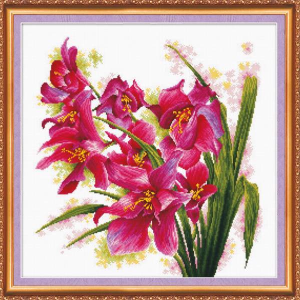 Cross stitch kit - Lilac orchids 40x40cm White Aida 14ct needlepoint kit