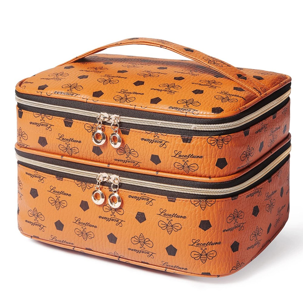 Double Layer Leather Makeup Bag Large Travel Toiletry Cosmetic Case for Women