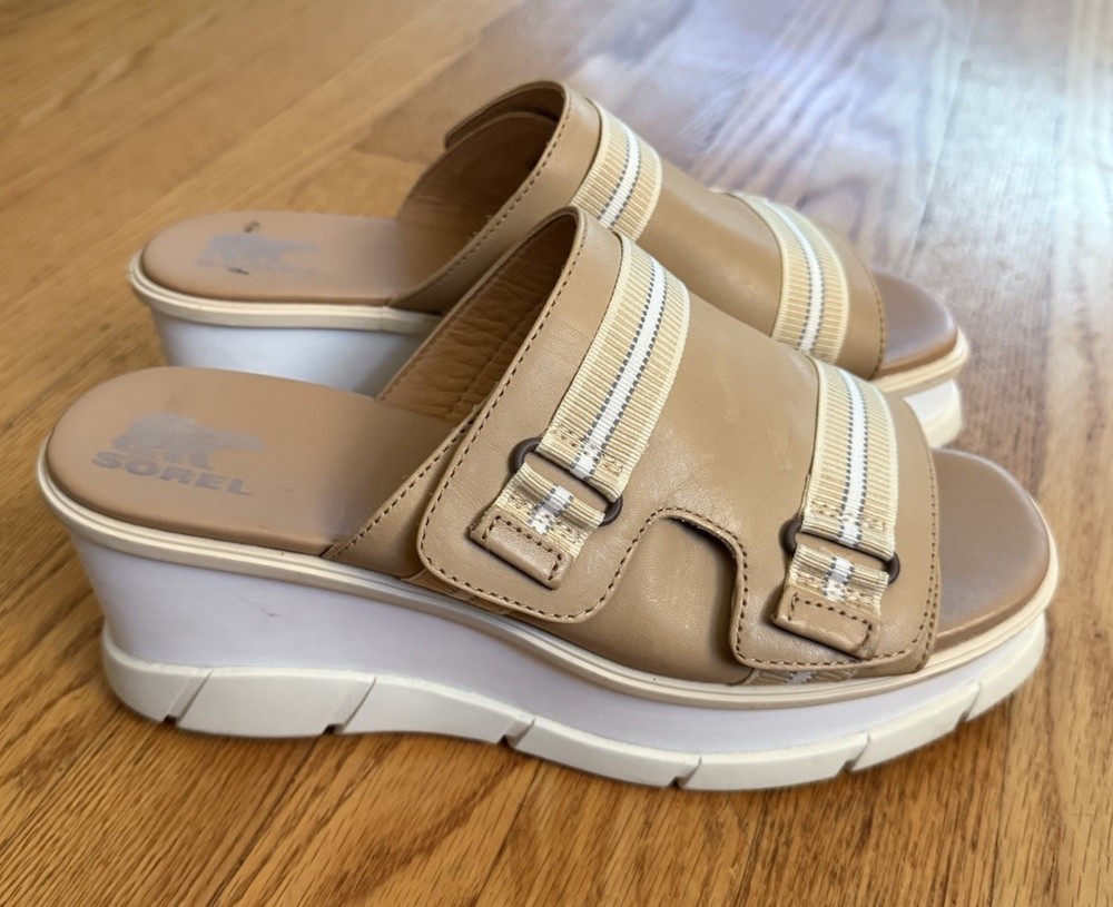 Sorel Joanie III Womens Beige Leather Wedge Slide Sandal Size 9