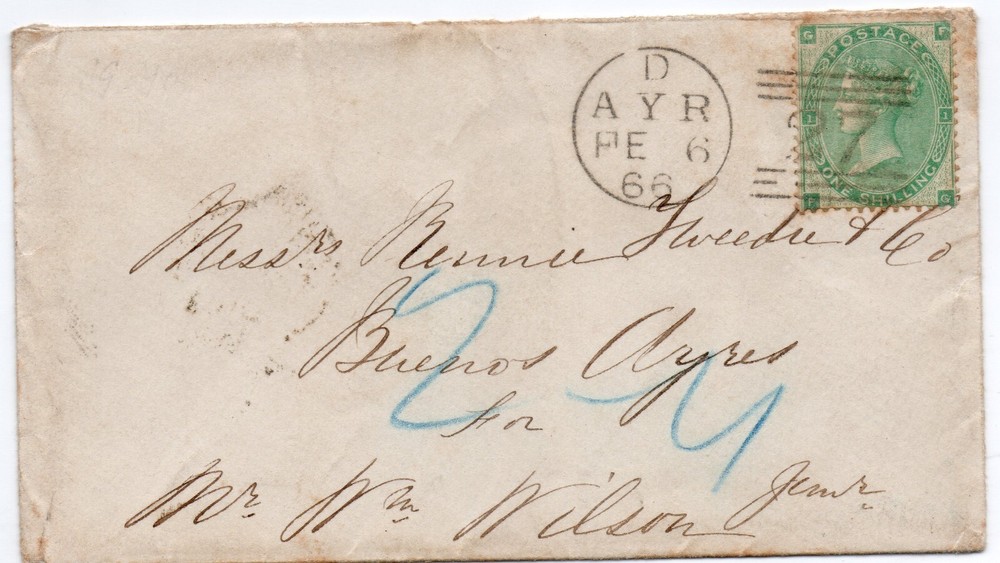 GB -  SG90 1/ green on cover Ayr to Buenos Aires Argentina - Cat £450
