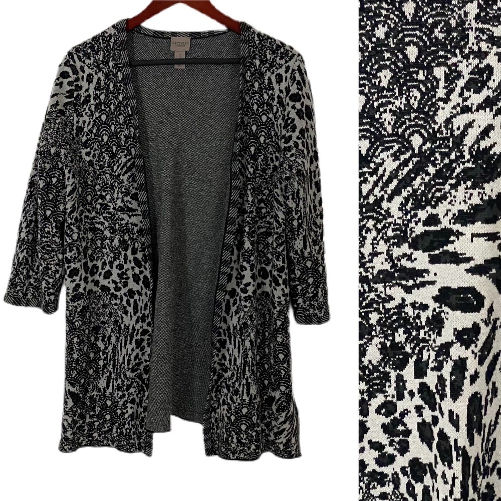 Chico’s Animal Print Cardigan Topper Knit Open Front Cotton Blend Sz M