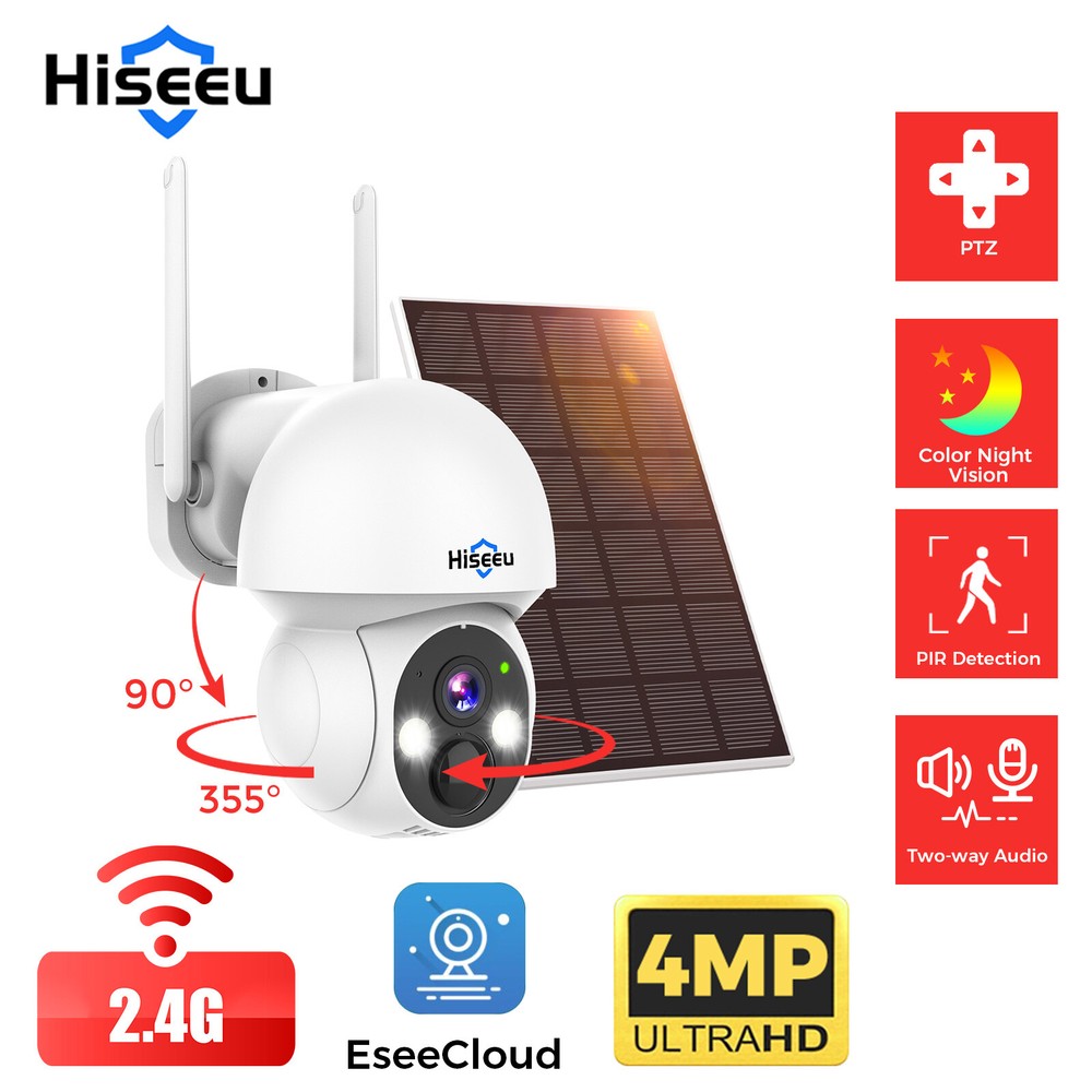 Hiseeu 4MP Solar Battery Powered Wireless WiFi PIR Security Camera Eseecloud APP