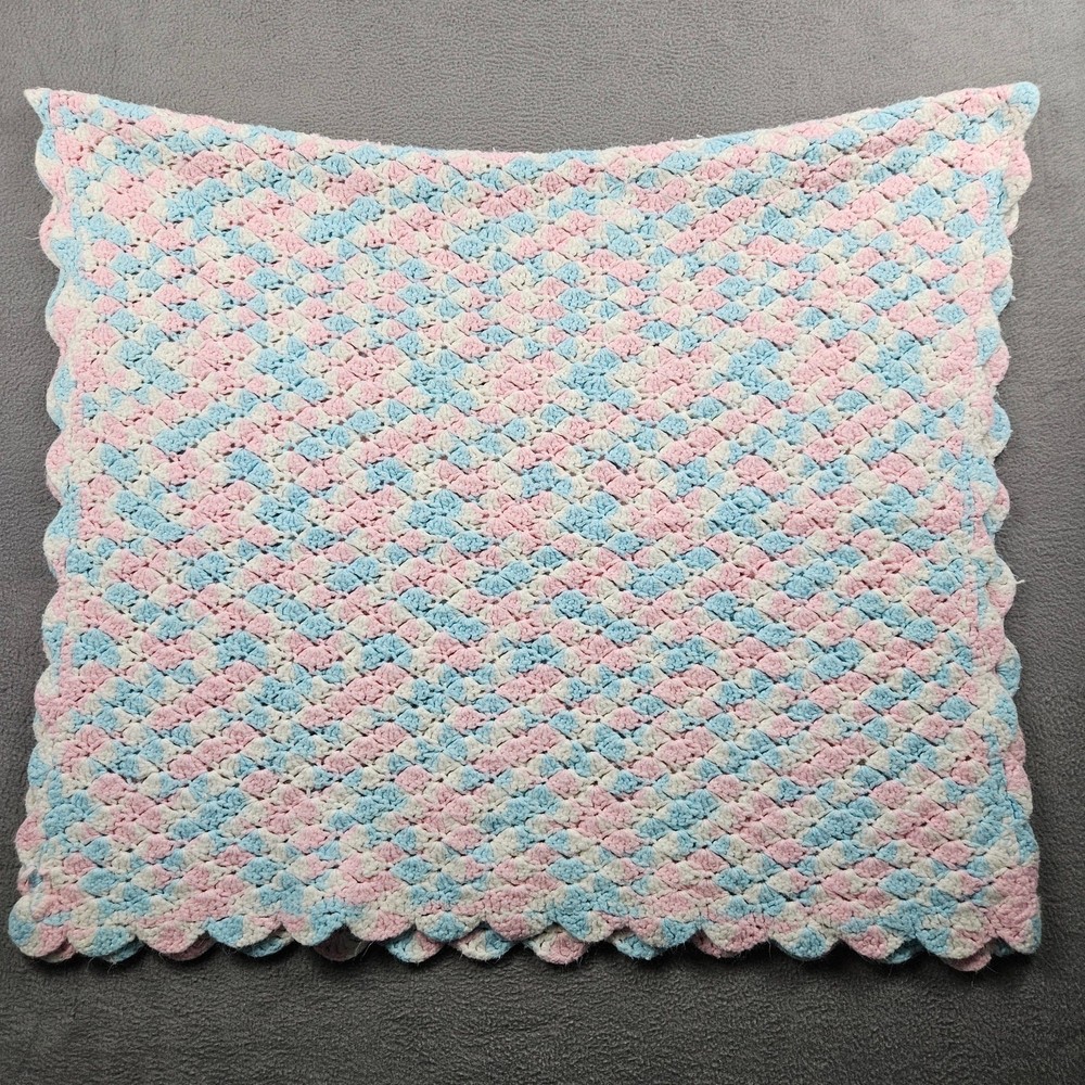 Hand Knit Crochet Blanket Baby Blue Pink White Afghan Throw 31
