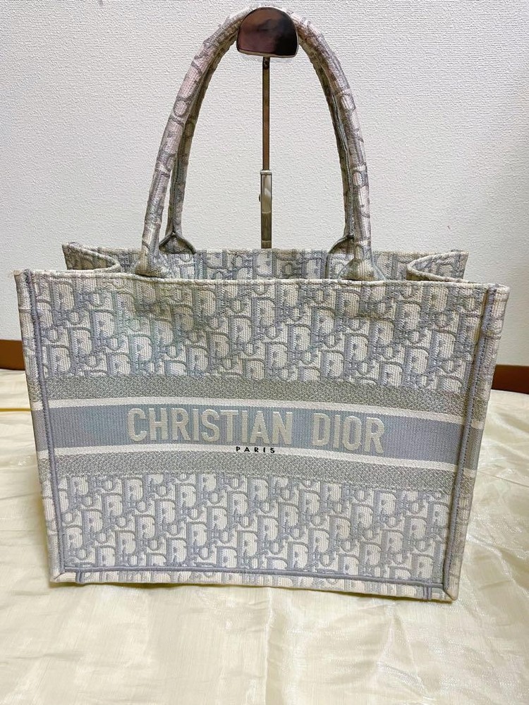 Dior Christian Gray Tote Bag with Leather Accents