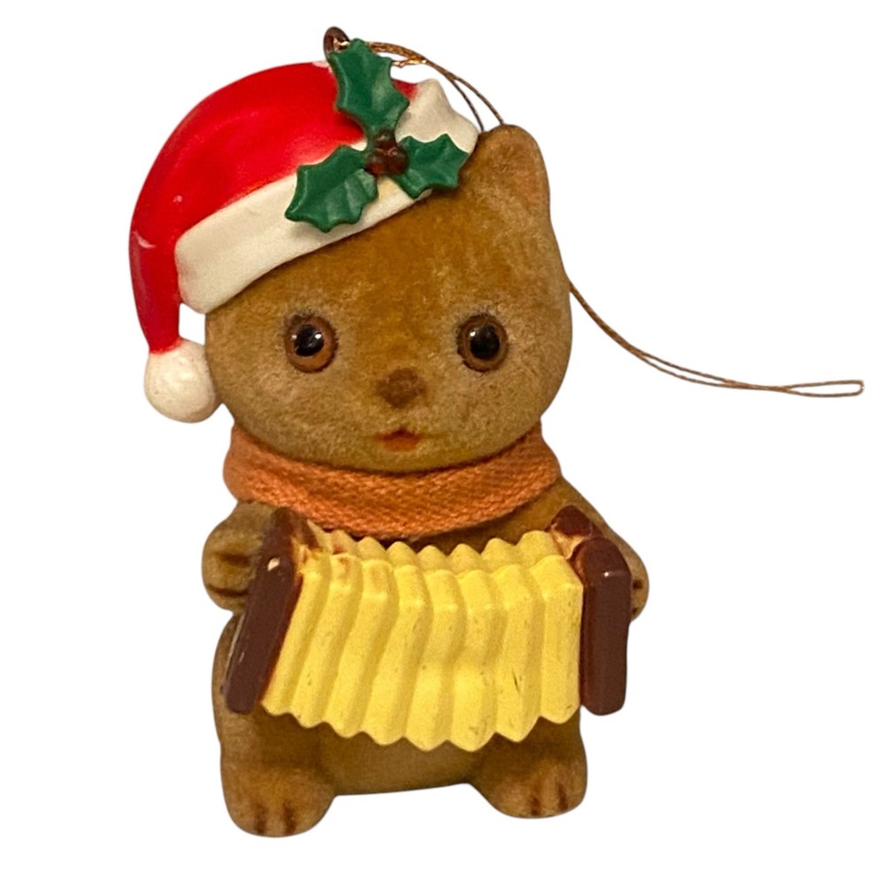 Vintage 90s Flocked Squirrel Playing Accordion in Santa Hat