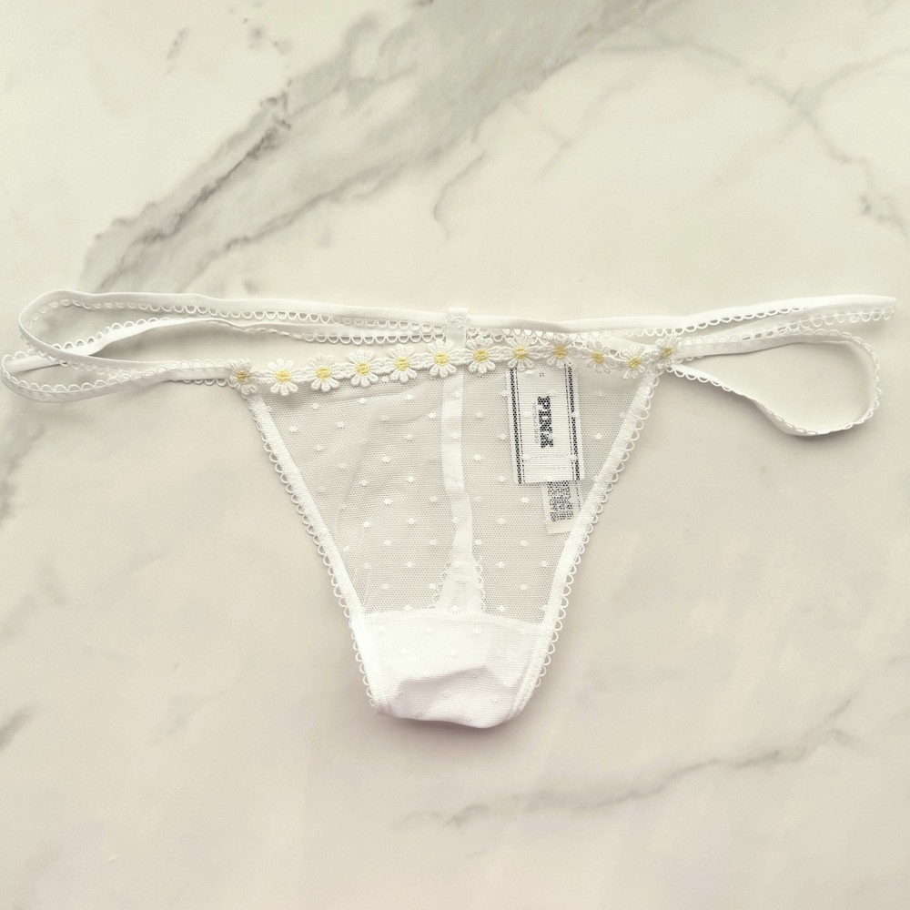 PINK Victoria's Secret Wink Strappy Dot Mesh V-String Panty White SZ S/M/L/XL
