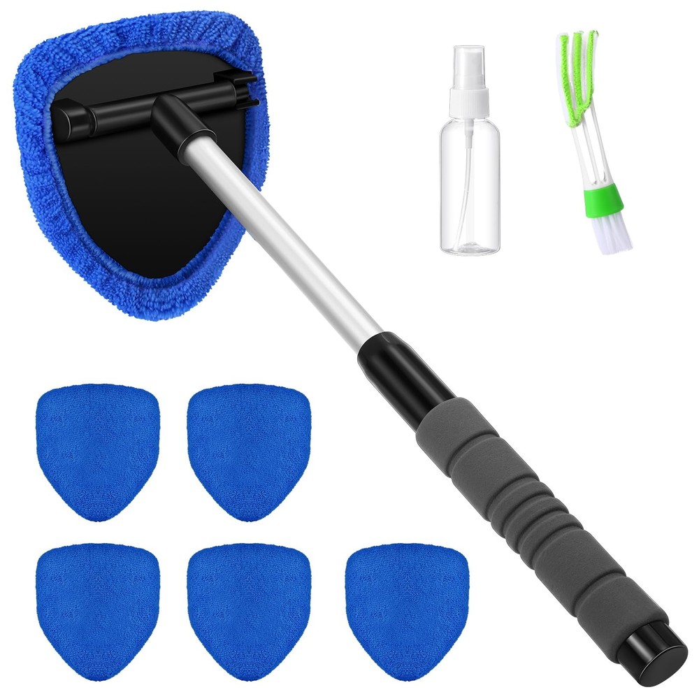 8-Piece Car Window Cleaning Kit with Extendable Handle & Microfiber Pads