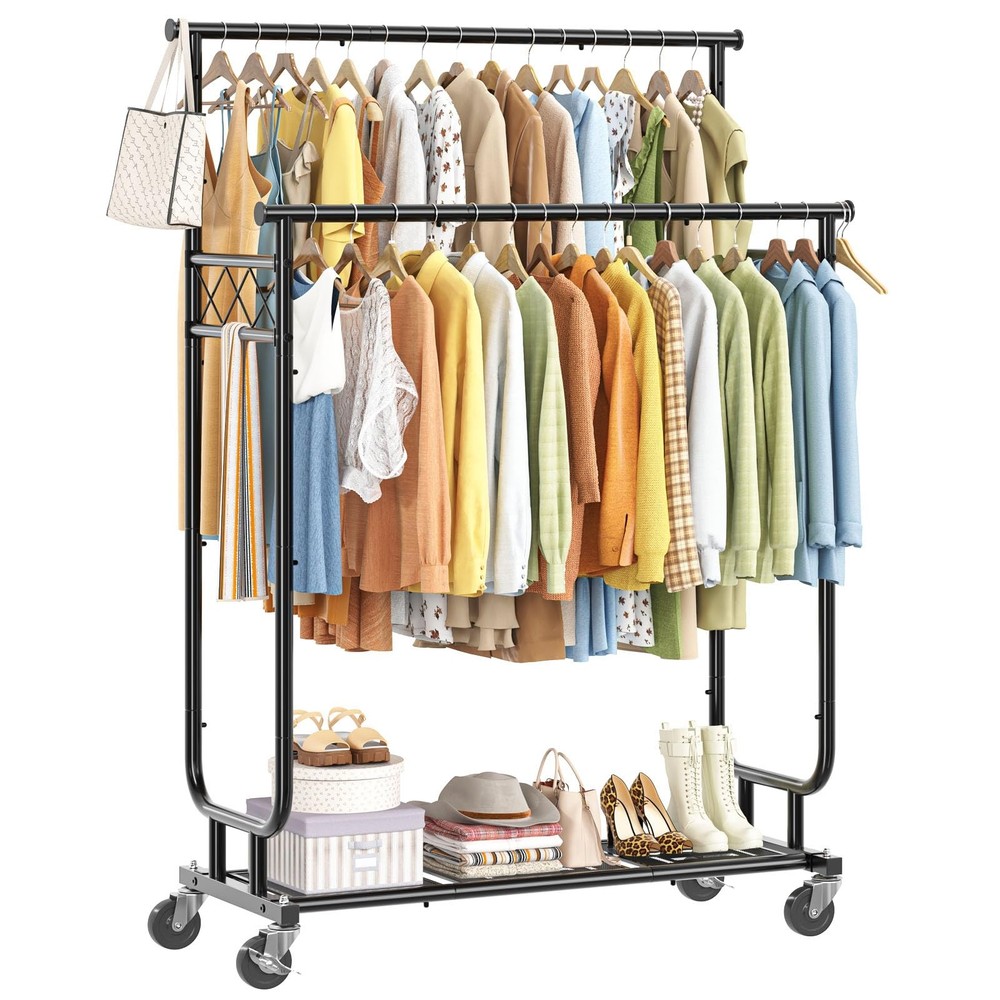 Double Rod Clothing Garment Rack on Wheels 44 Inches Clothes with Mesh Bottom