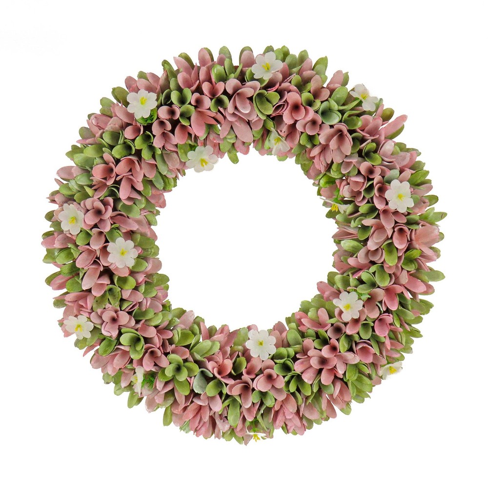 18 in. Spring Wreath with Pink and Green Assorted Wood Cut Flowers, Flowing Gree