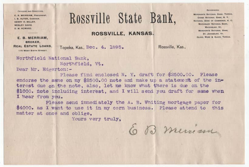 1895 Letterhead, ROSSVILLE STATE BANK, Rossville. Kansas