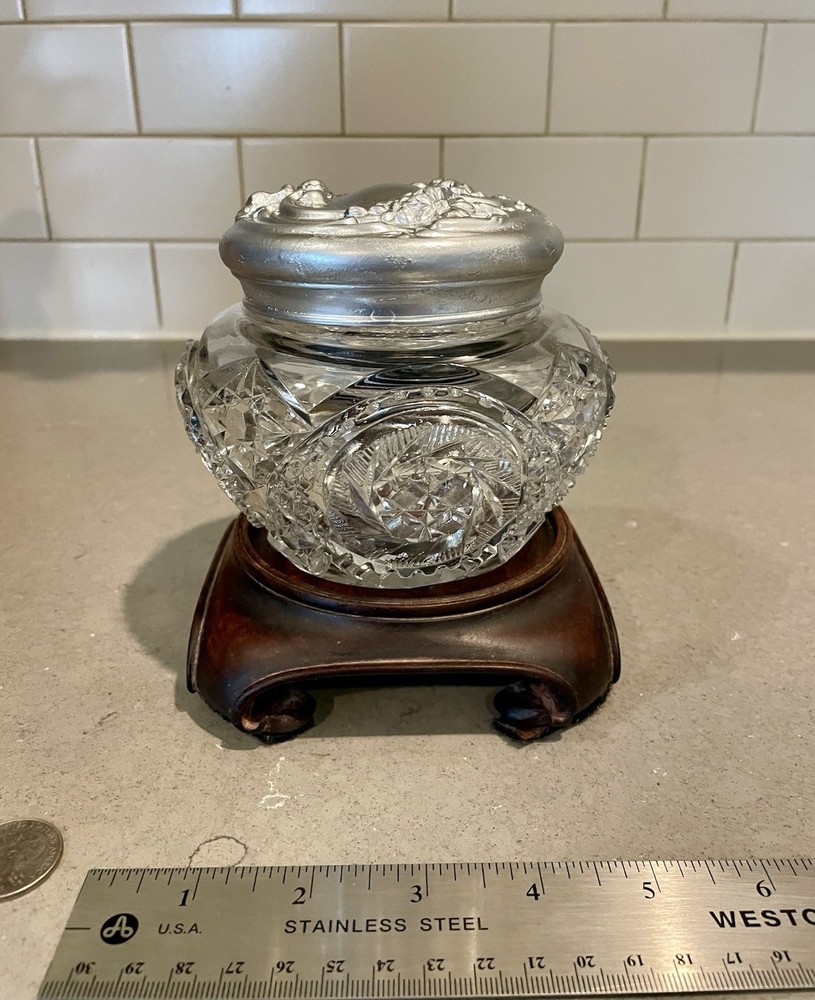 Antique Cut Crystal Bowl with Wood Stand and Silver Lid