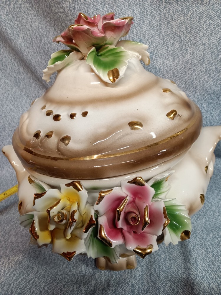 VTG Capodimonte Floral Porcelain Covered Soup Bowl Tureen Serving Roses 13