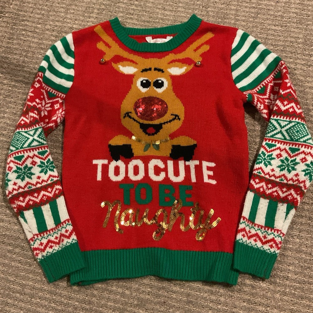 No Boundaries Ugly Christmas Holiday sweater Juniors Small Reindeer Bells Red