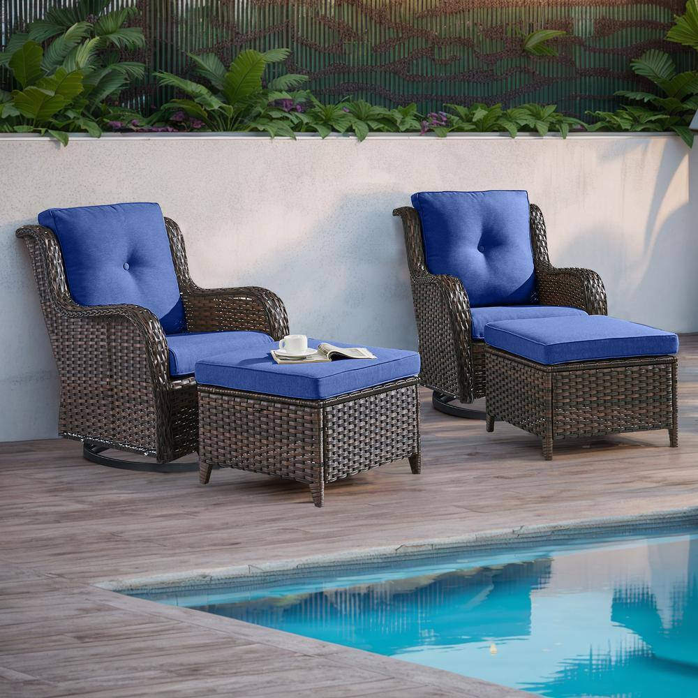 Arcline 4-Piece Brown Wicker Outdoor Swivel Glider with Blue Cushions and Rockin