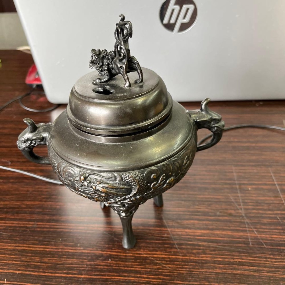 Bronze Incense Burner 7.5 in Dragon Shishi Lion Vintage Japanese Censer Koro