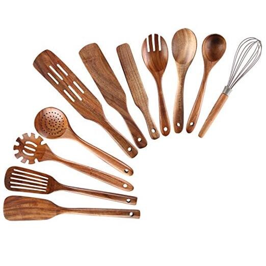 11-Piece Teak Wood Kitchen Utensil Set with Spoons & Spatulas