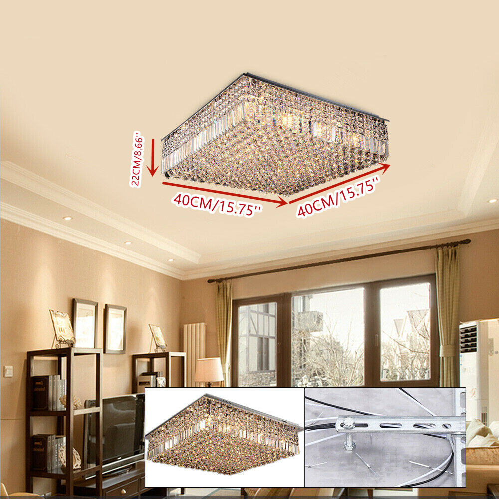 Modern Flush Mount Crystal Chandelier Square Ceiling Light Pendant Lamp Fixture