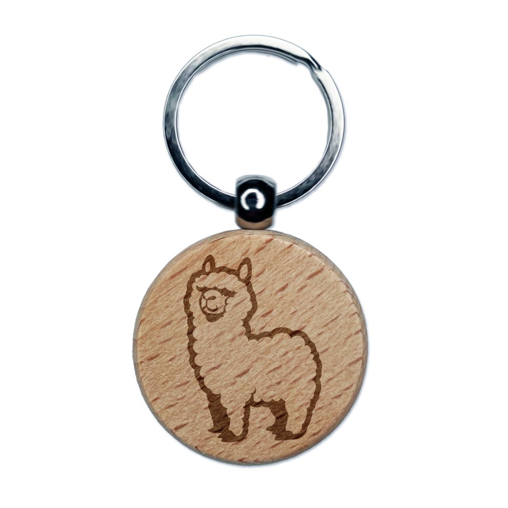 Cute Alpaca is Fluffy and Fuzzy Engraved Wood Round Keychain Tag Charm