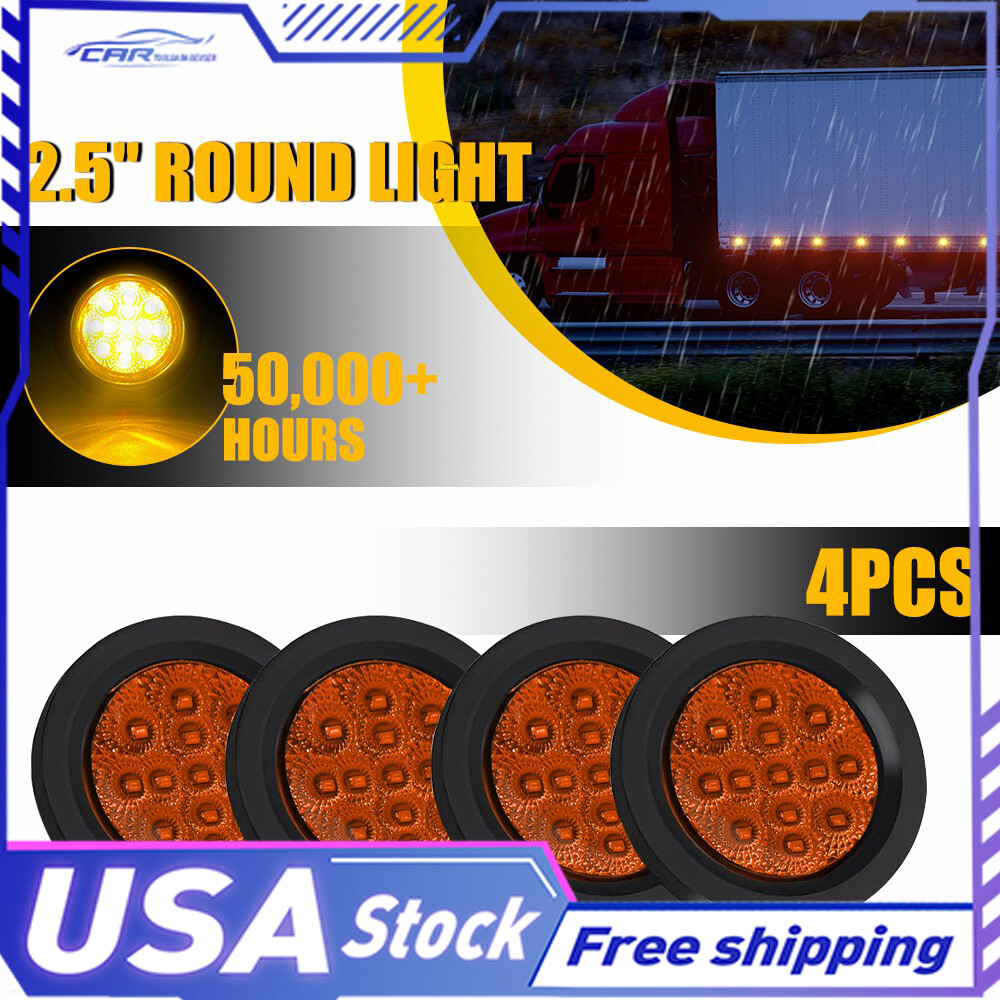 2.5 Inch 4pc DOT Amber Round LED Trailer Marker Lights with Grommet for Truck