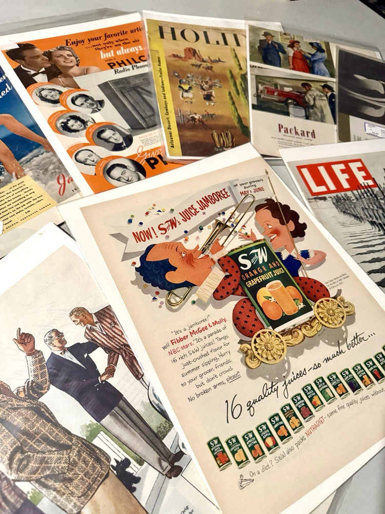Vintage 1940s–1950s Print Ads Lot of 56 Mid Century Americana + Printer Sample