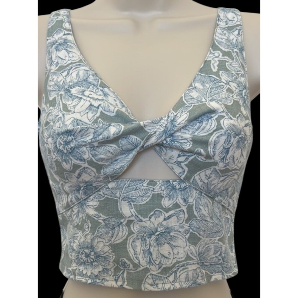 Abercrombie & Fitch Linen Floral Twist Crop Top Womens S Green Smocked Back