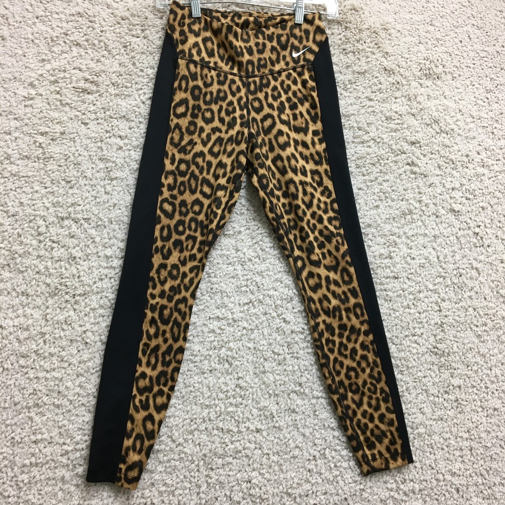 Nike Dri-FIT Black Leopard Print Womens Yoga Leggings Small Stretch Pull-On