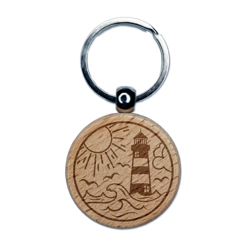 Lighthouse Sea Ocean Waves Engraved Wood Round Keychain Tag Charm