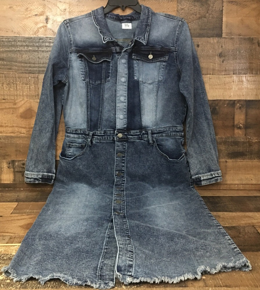 Wash Lab Denim Dress Women XL Acid Wash Y2K Stretch Midi Shirtdress 90s Retro
