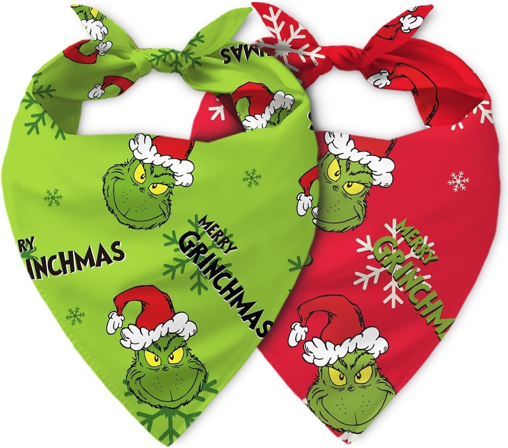 2PCS Funny Grinch Christmas Dog Bandanas Adjustable Double-Sided Scarf