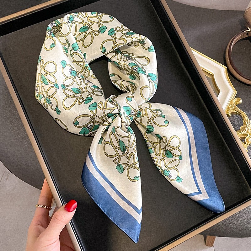100% Pure Silk Square Scarf for Women - White Green Floral Print 68x68cm Neckerchief Wrap