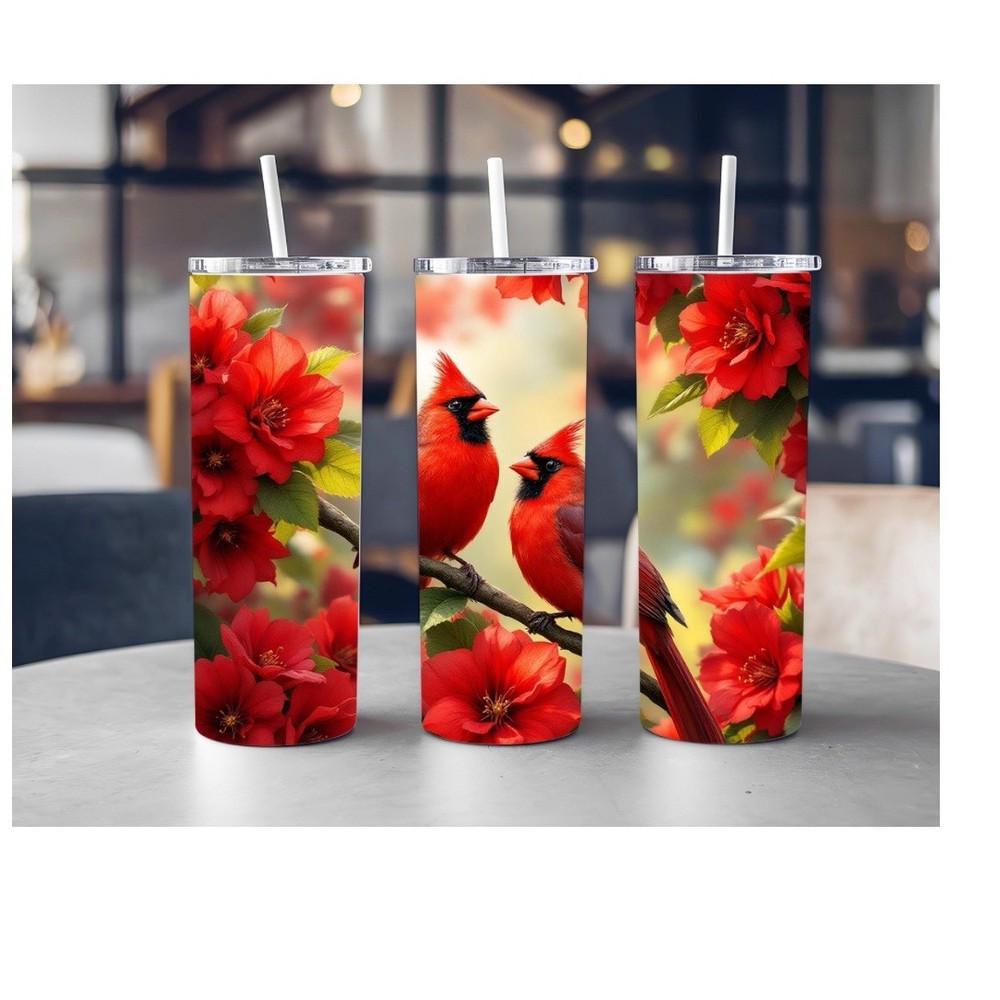 Colorful Cardinal Cardinals Floral Flowers  20oz Tumblr Insulated Travel