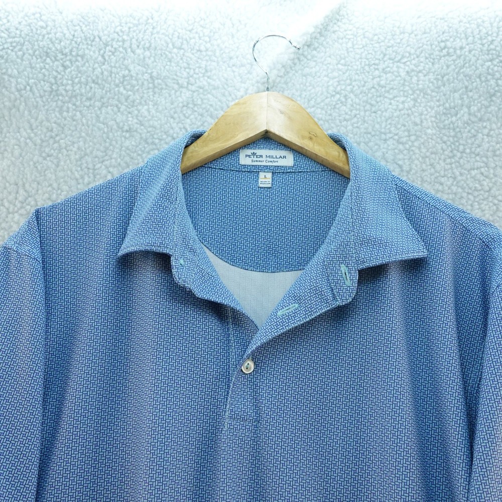 Peter Millar Summer Comfort Men's L Blue Geometric Golf Polo Shirt Performance