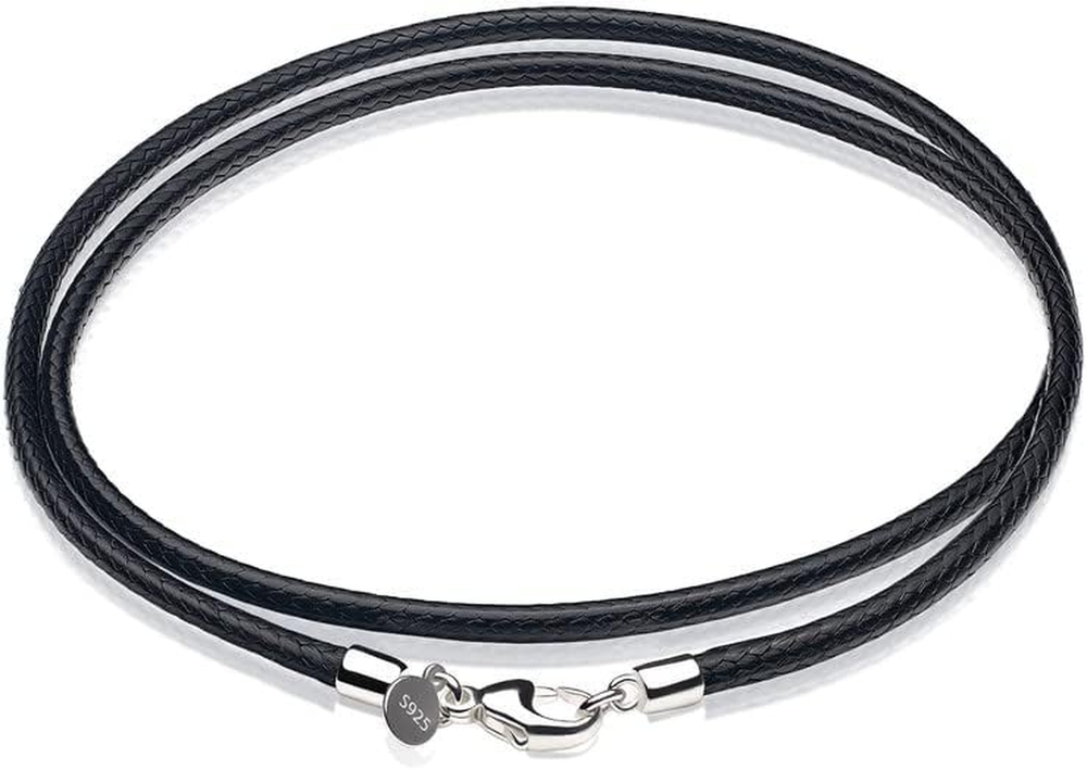 Leather Necklace for Men Women with Solid 925 Sterling Silver Lobster Clasp 3Mm