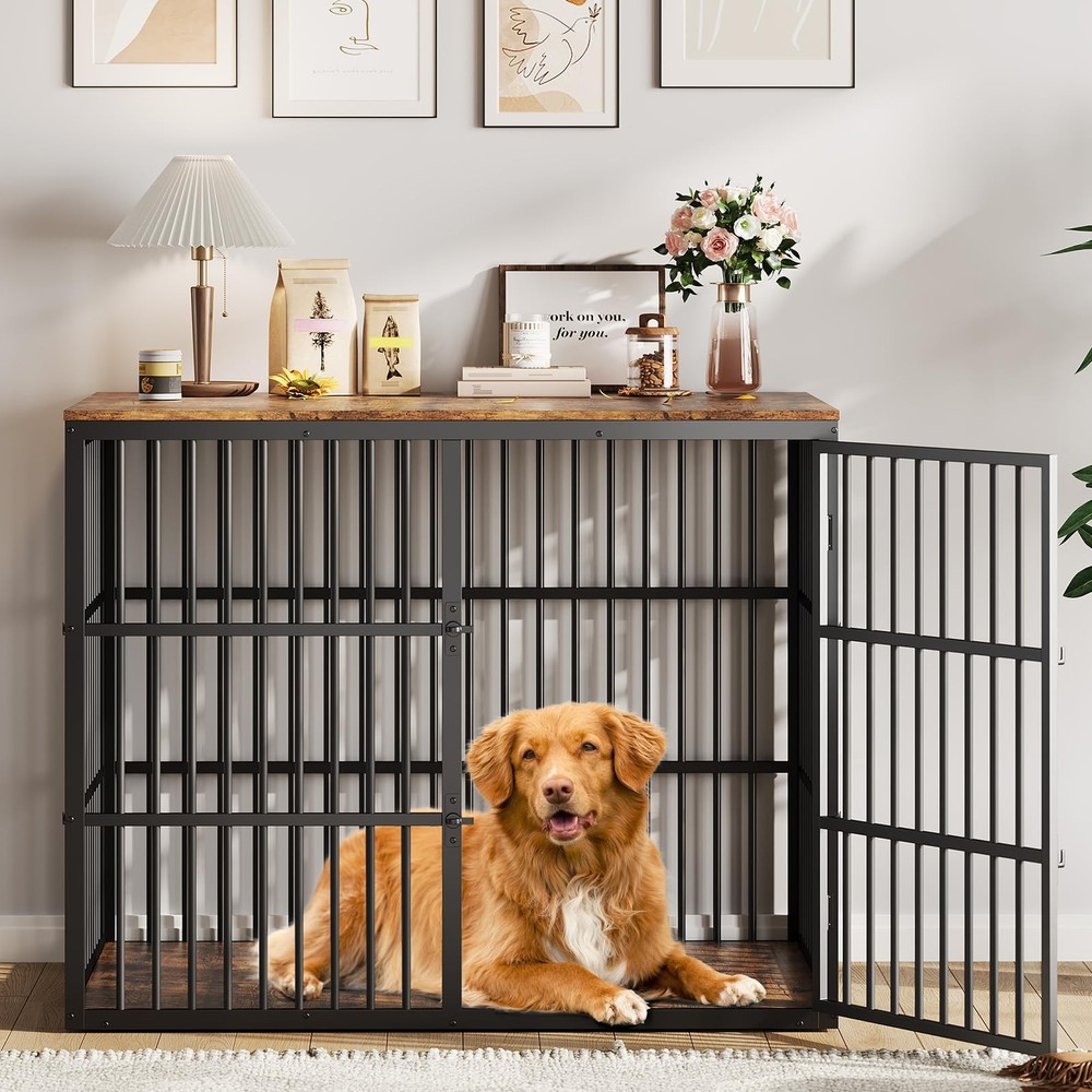 47″ Dog Crate Furniture w/3 Lockable Doors Heavy Duty Dog Kennel Side End Table