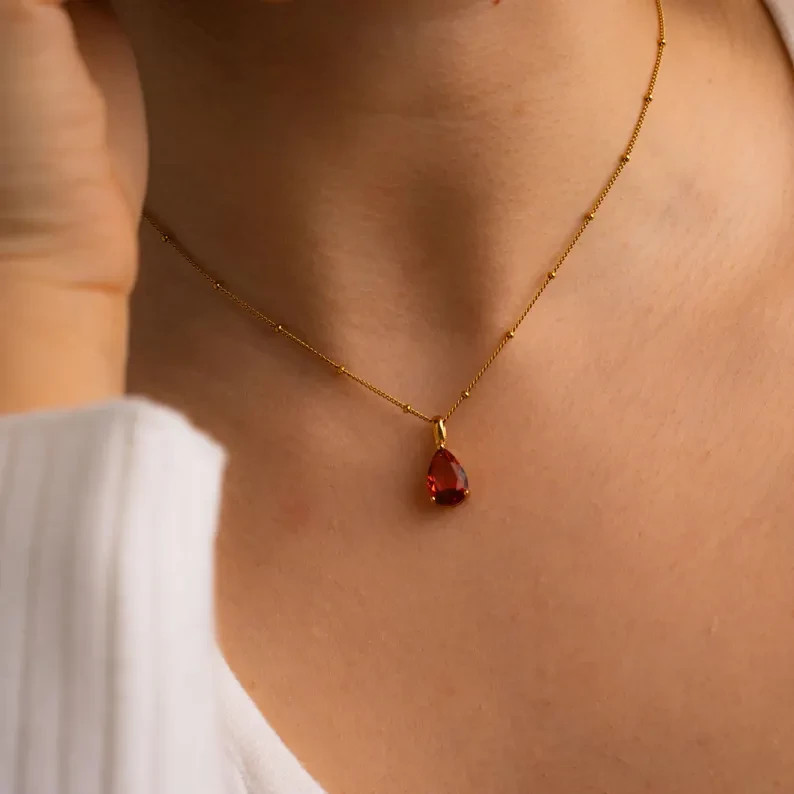14K Yellow Gold Plated Solitaire Pendant Necklace 1 Ct Pear Cut Simulated Ruby