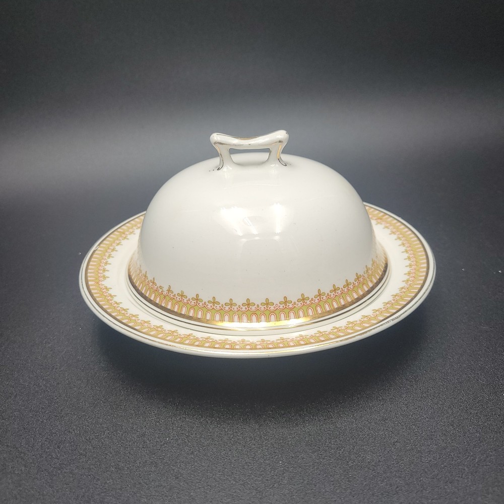 Antique J&G Meakin Gold/Green/Red Round Covered Butter Dish