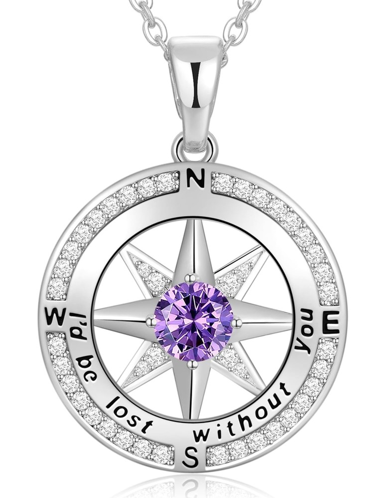 Gifts for Women Wife-Compass Amethyst Birthstone Necklace Gift for Wife Birth...