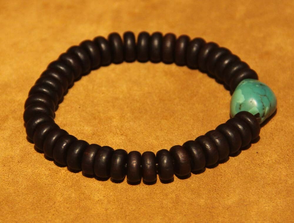 Real Tibet Old Buddhist Rosewood 1700s Turquoise Prayer Beads Bracelet Amulet