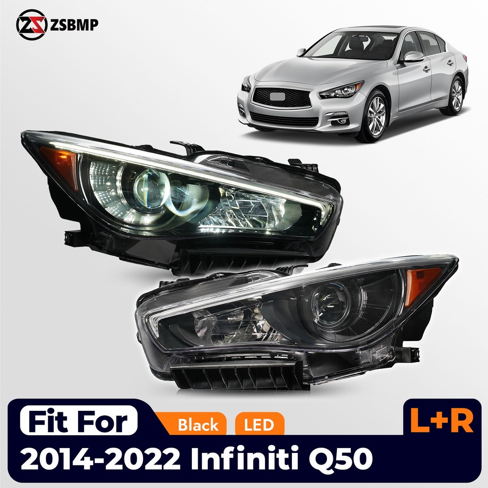 JDM Upgrade LED Headlights For 2014-2022 Infiniti Q50 Black w/o AFS Left+Right