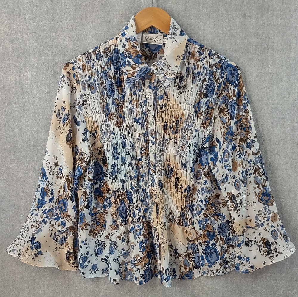 Kathy Che Top Womens 10 Bohemian Shirred Satin Button Up Bell Sleeve Floral