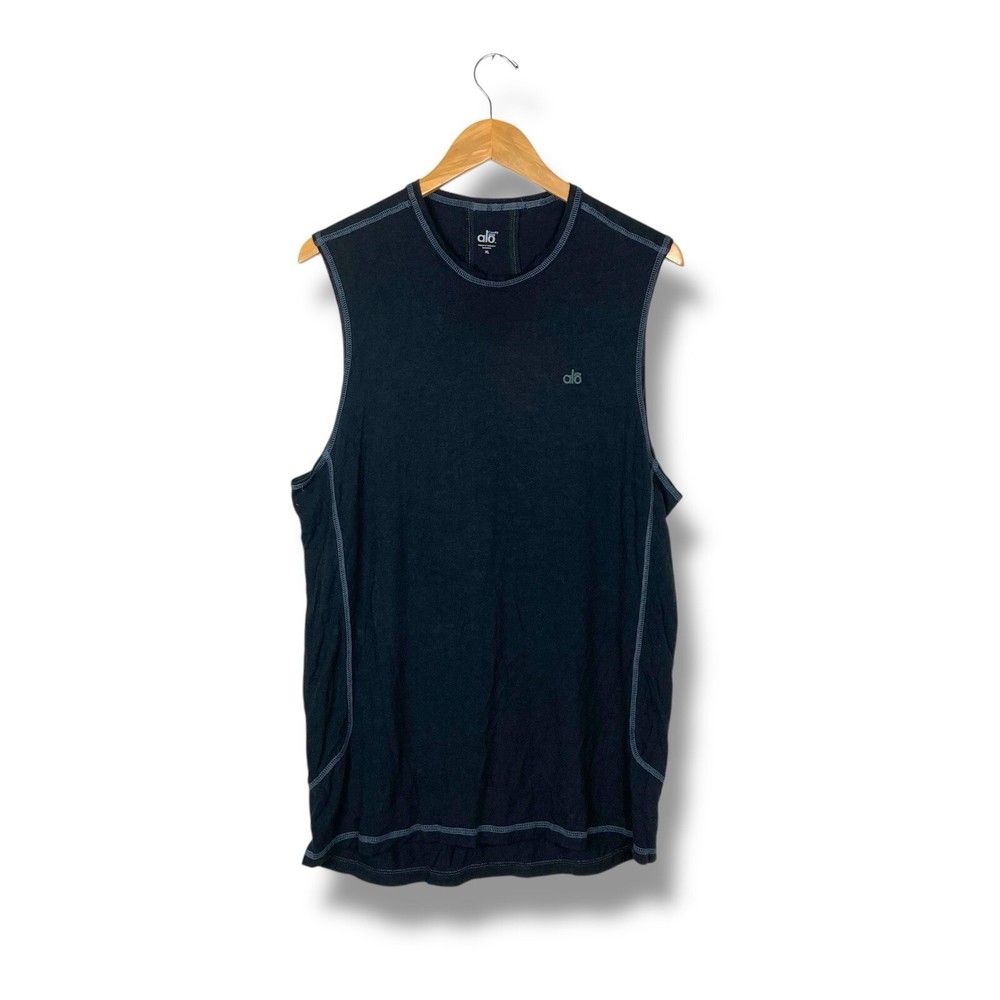 Alo Cool Fit Men’s Tank Air Land Ocean Bamboo Lyocel Cotton XL Black Blue logo