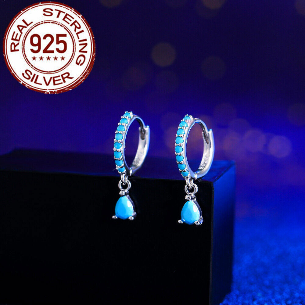 Stylish Blue Turquoise 925 Sterling Silver Drop Huggie Hoops