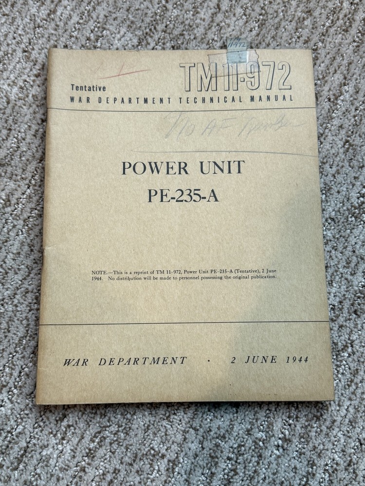Vintage 1944 Power Unit PE-235-A War Dept Technical Manual TM 11-972 Booklet