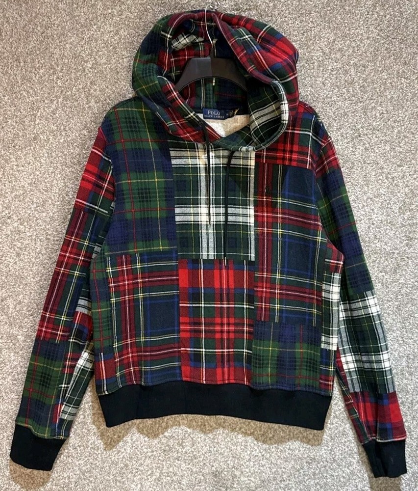 Polo Ralph Lauren Hoodie Jacket Patchwork Plaid Fleece Pullover Mens Sz Medium