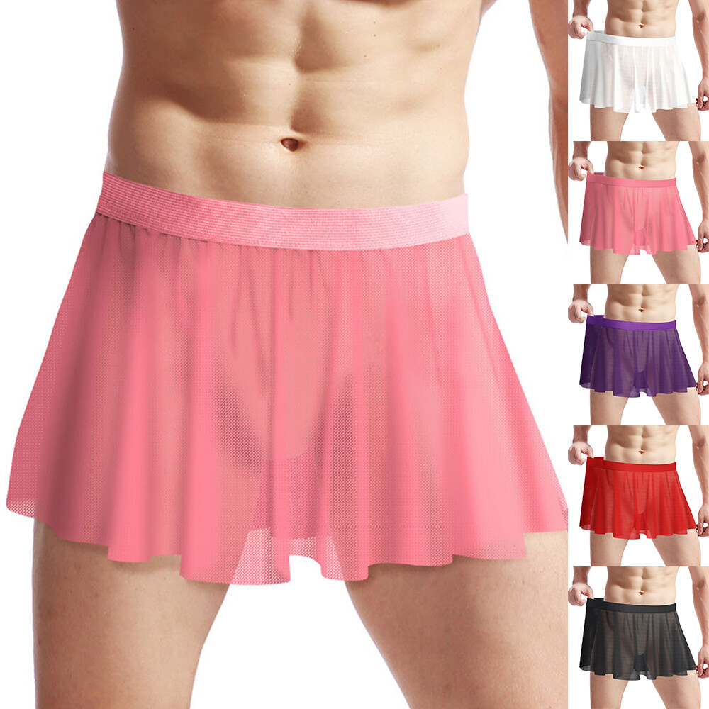 Mens Miniskirt Pool Underwear Cross-Dresser Skirt Sheer Bikini Pleated Briefs
