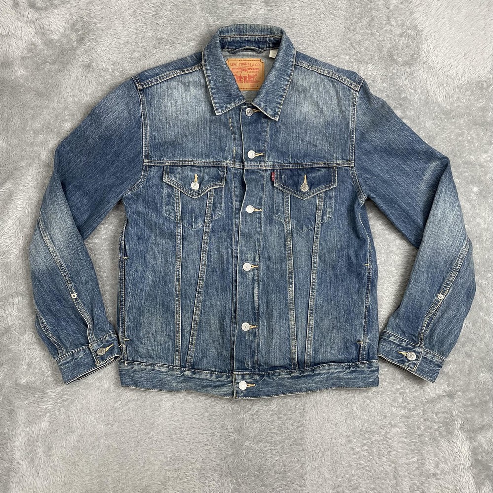 Levis Trucker Jacket Mens Large Blue Denim Jean Button Front Classic Casual