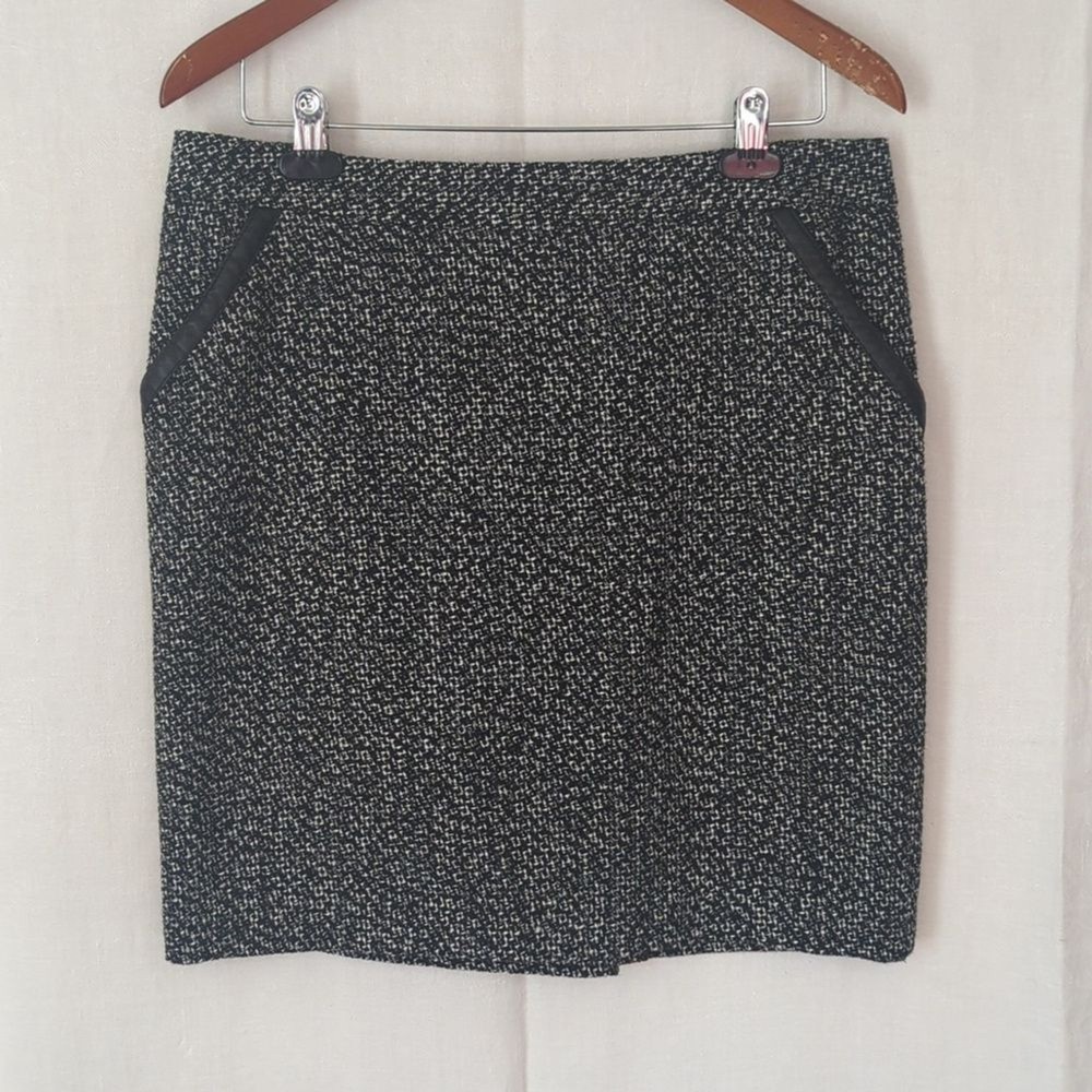 Amanda Chelsea Black White Tweed Skirt with Leather Trim Pockets Size 12